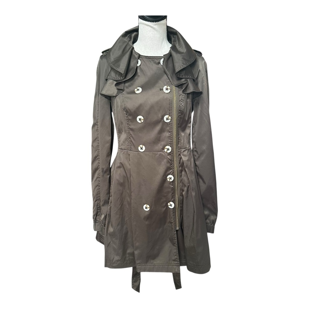 Elevenses by Anthropologie Ruffle Collar Trench Coat Brown Sz 8 Belted Jacket